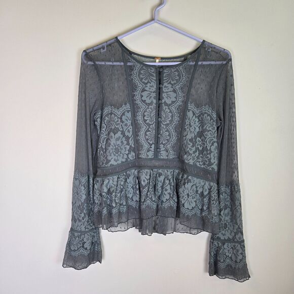 FREE PEOPLE Grey Lace Mesh Peplum Top Women's Small - Picture 3 of 9